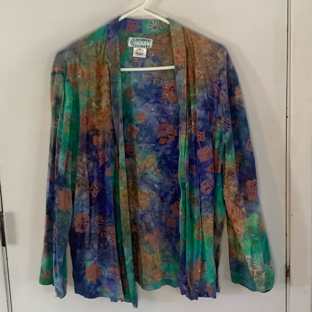 Southwest Indian Foundation tie dye open front jacket w/ Native American design